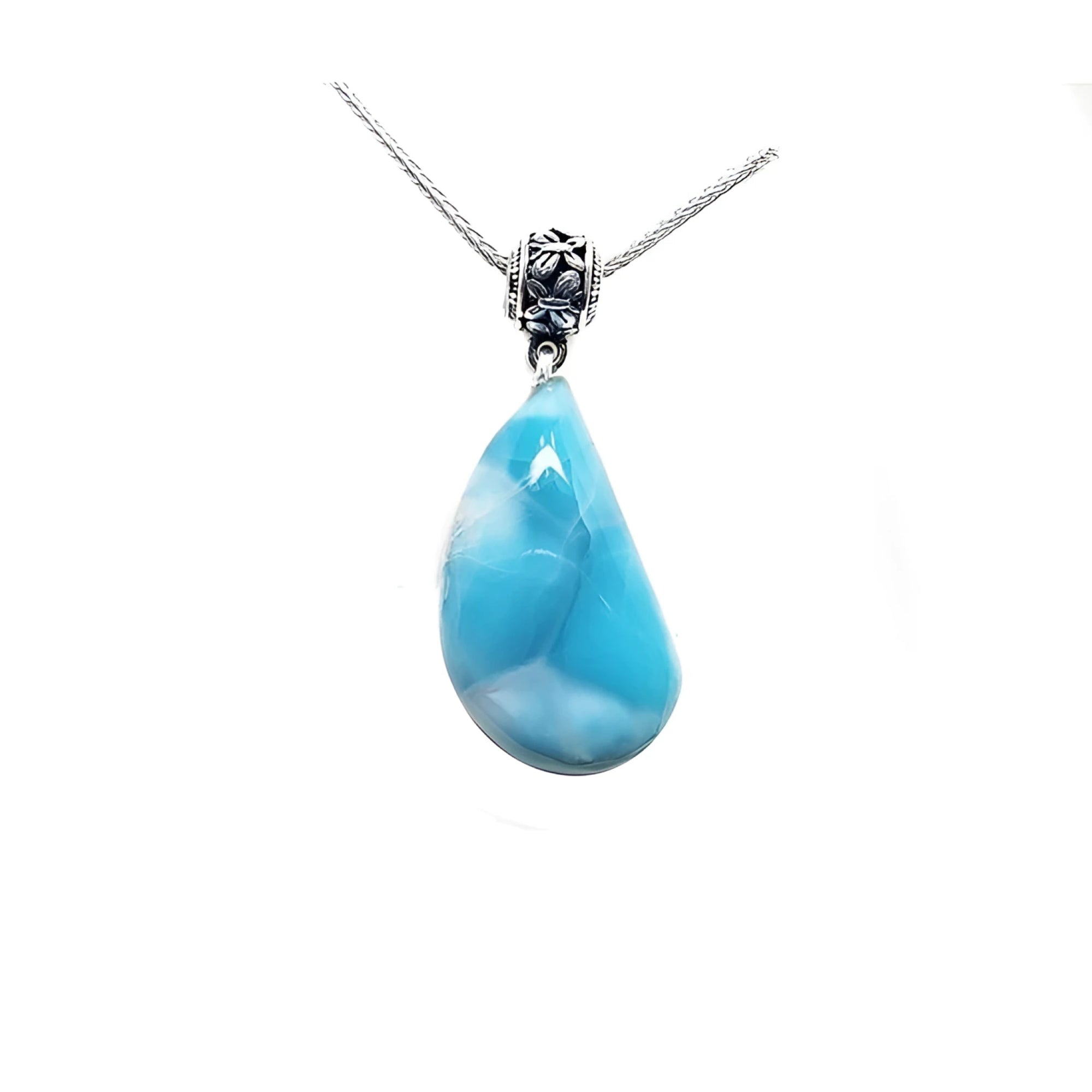 Vivid blue and white teardrop larimar pendant in sterling silver necklace.