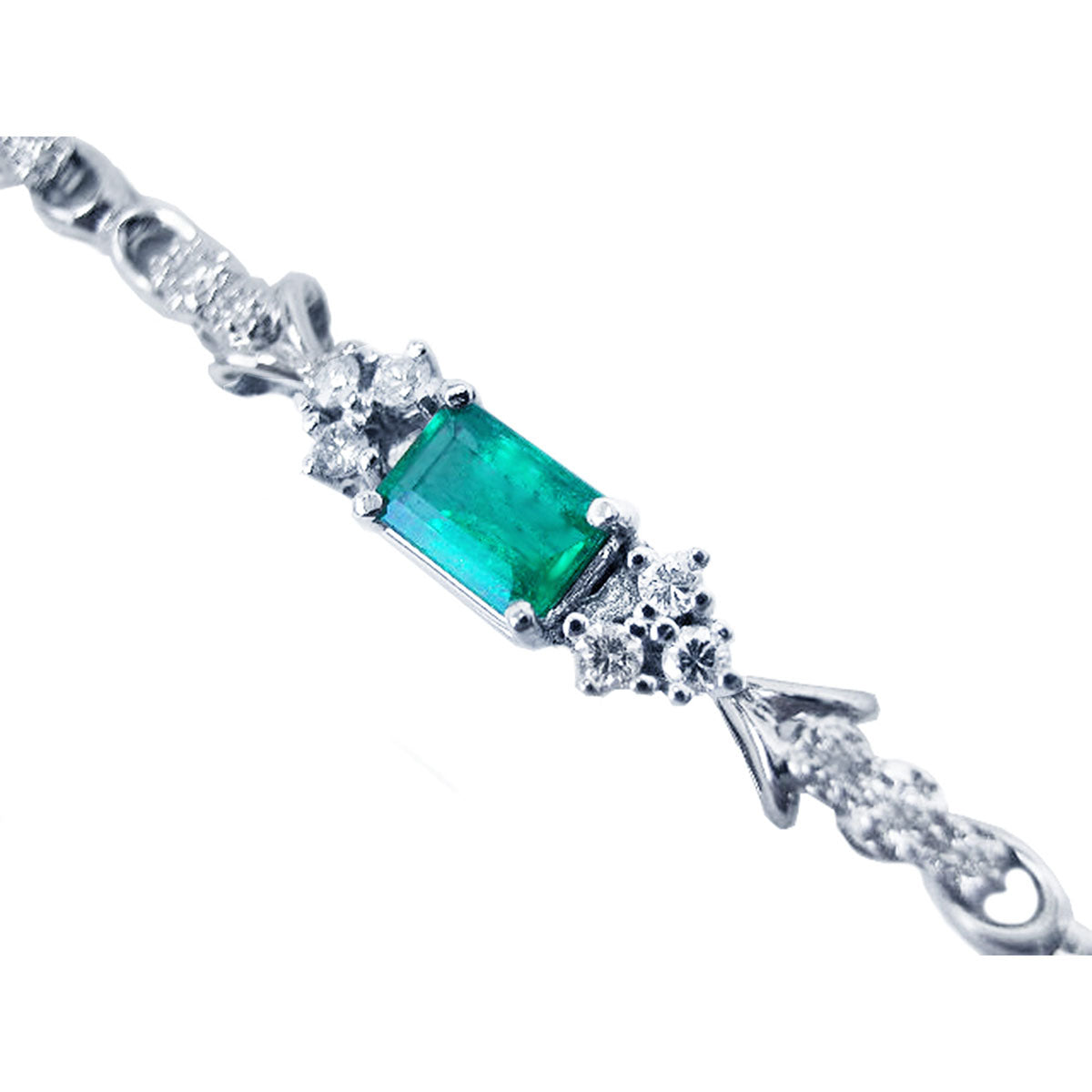 Topside view of a Muzo emerald Bracelet 1.08 Carats natural diamonds 14K White Gold.