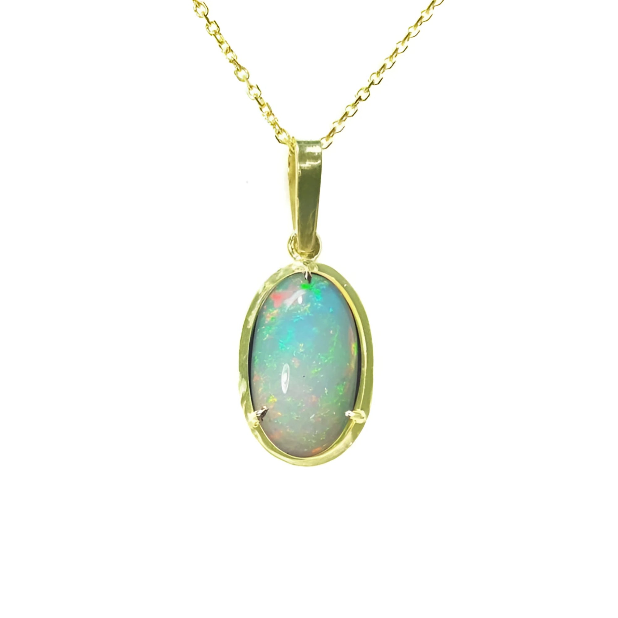 Oval Ethiopian opal pendant with bluish-green hues, prong-set in 14K yellow gold.