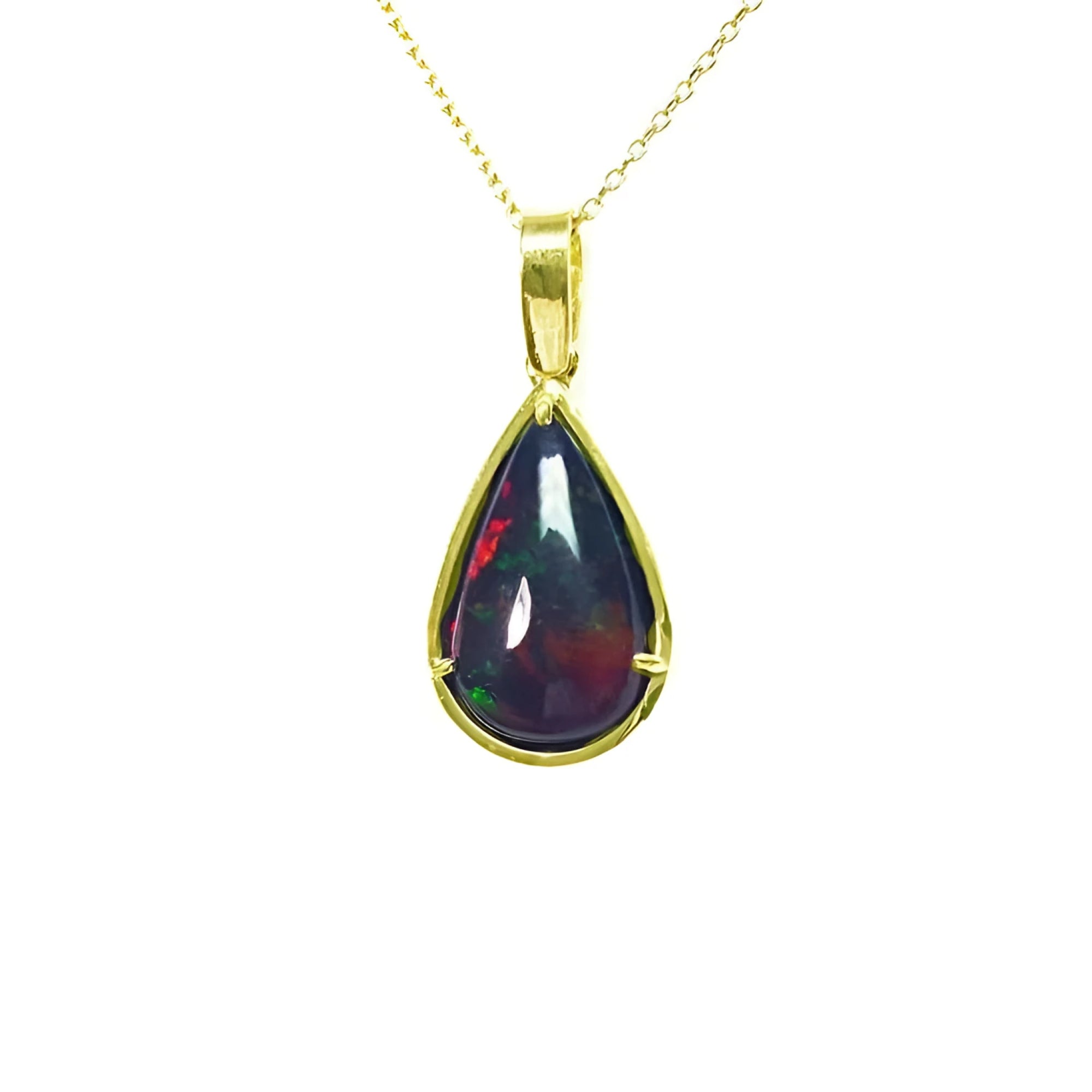 Pear-shaped Welo black opal pendant with red-orange fire and bluish-green flashes, set in 14K yellow gold.