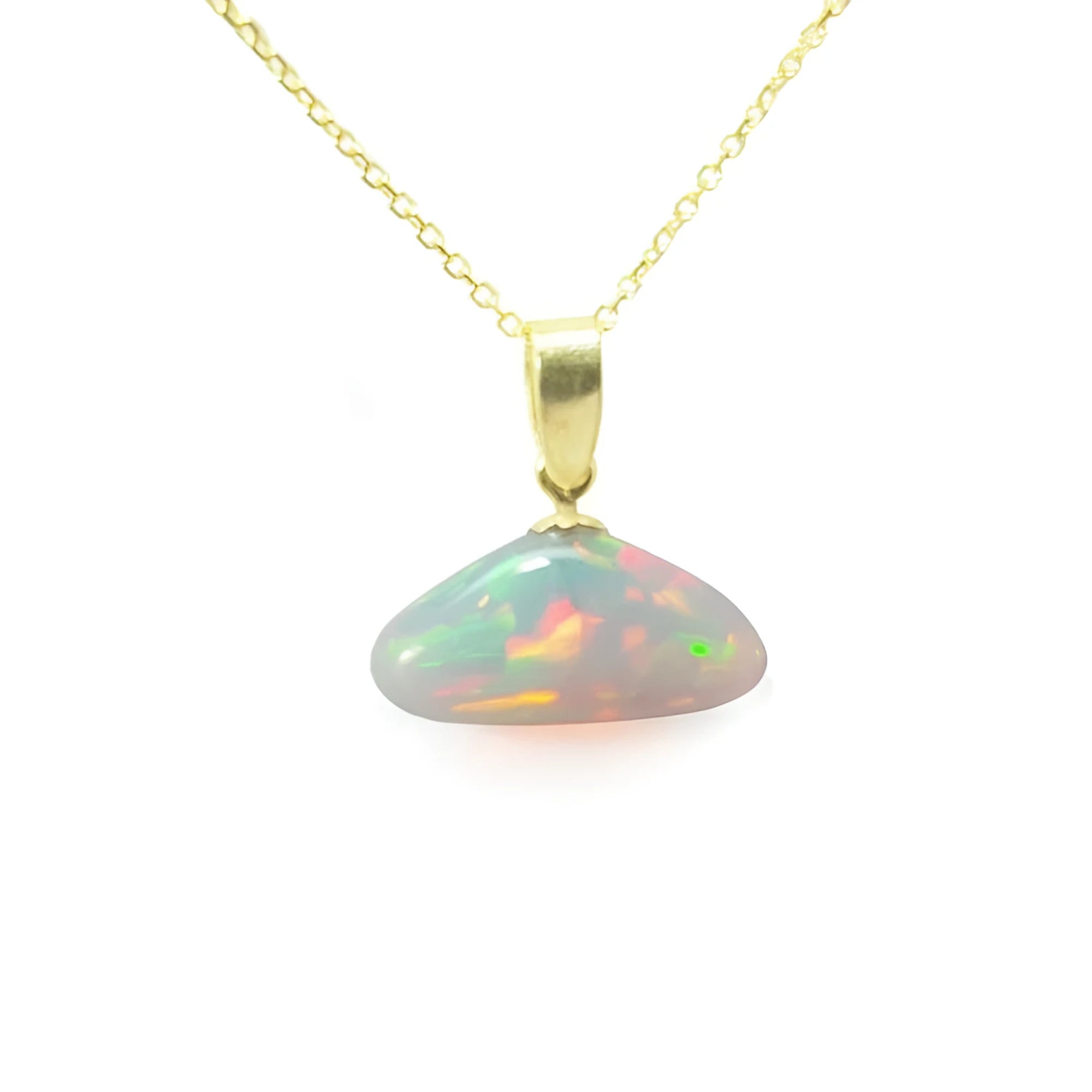 Ethiopian Welo opal pendant with full play of colors, dangling from a 14k gold bail and chain.