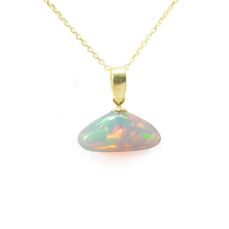 Ethiopian Welo opal pendant with full play of colors, dangling from a 14k gold bail and chain.