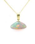 Opal pendant necklace on a gold chain topside view position against a white background.