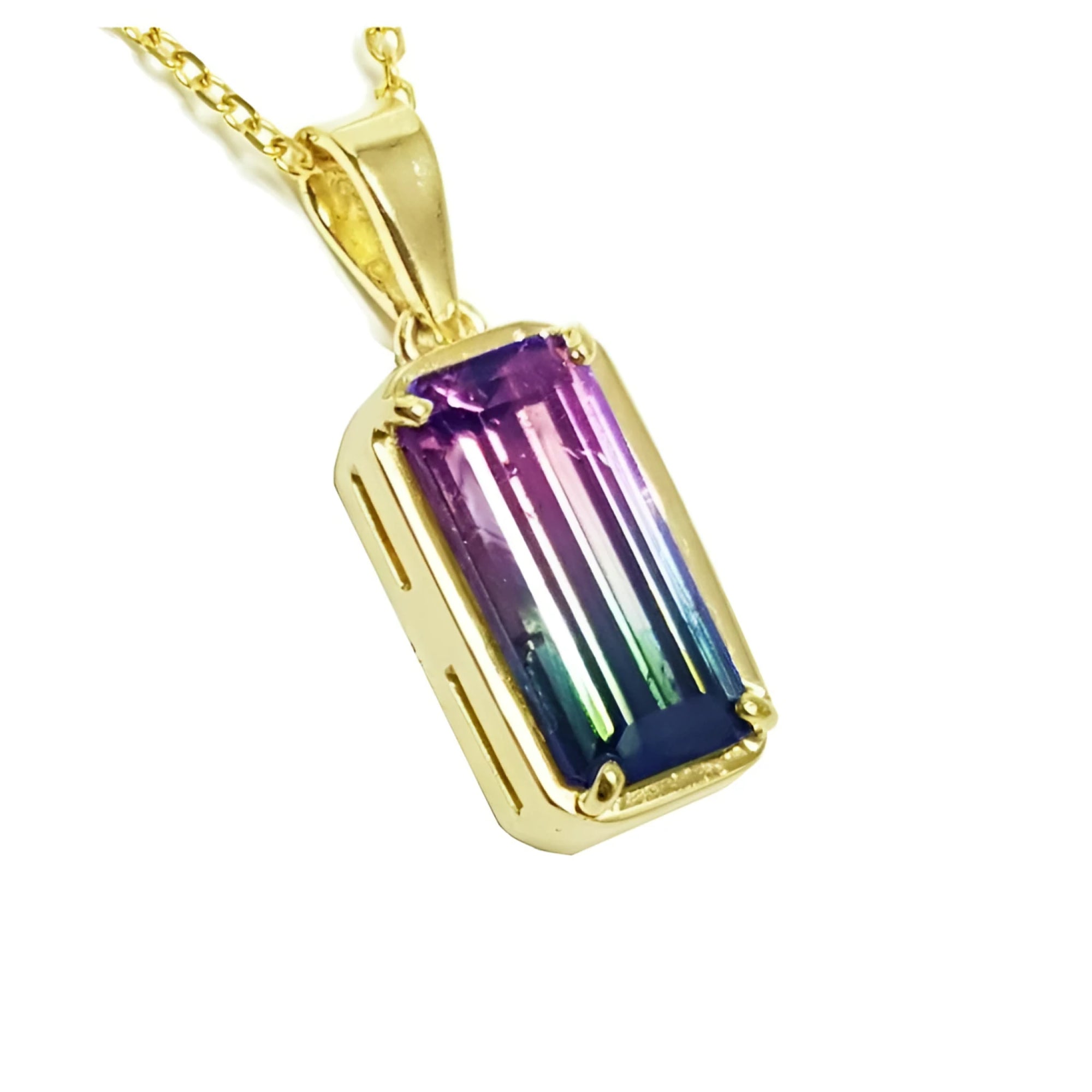 2.50 ct. watermelon tourmaline solitaire pendant in 14K yellow gold, showcasing pink and blue-green hues.