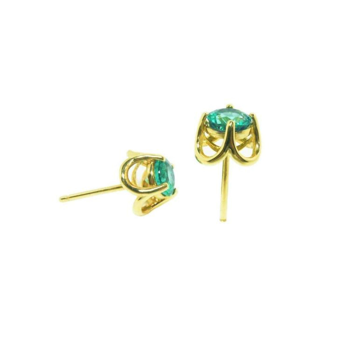 Colombian emerald tulip stud earrings in 14K yellow gold with secure push backs.