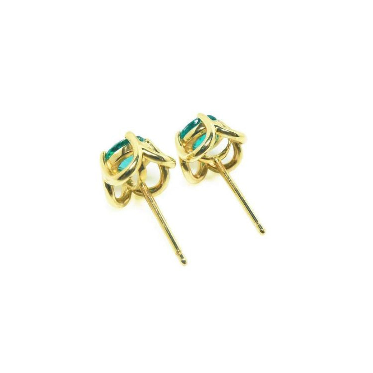 Pair of 14K yellow gold tulip stud earrings with round-cut Colombian emeralds.