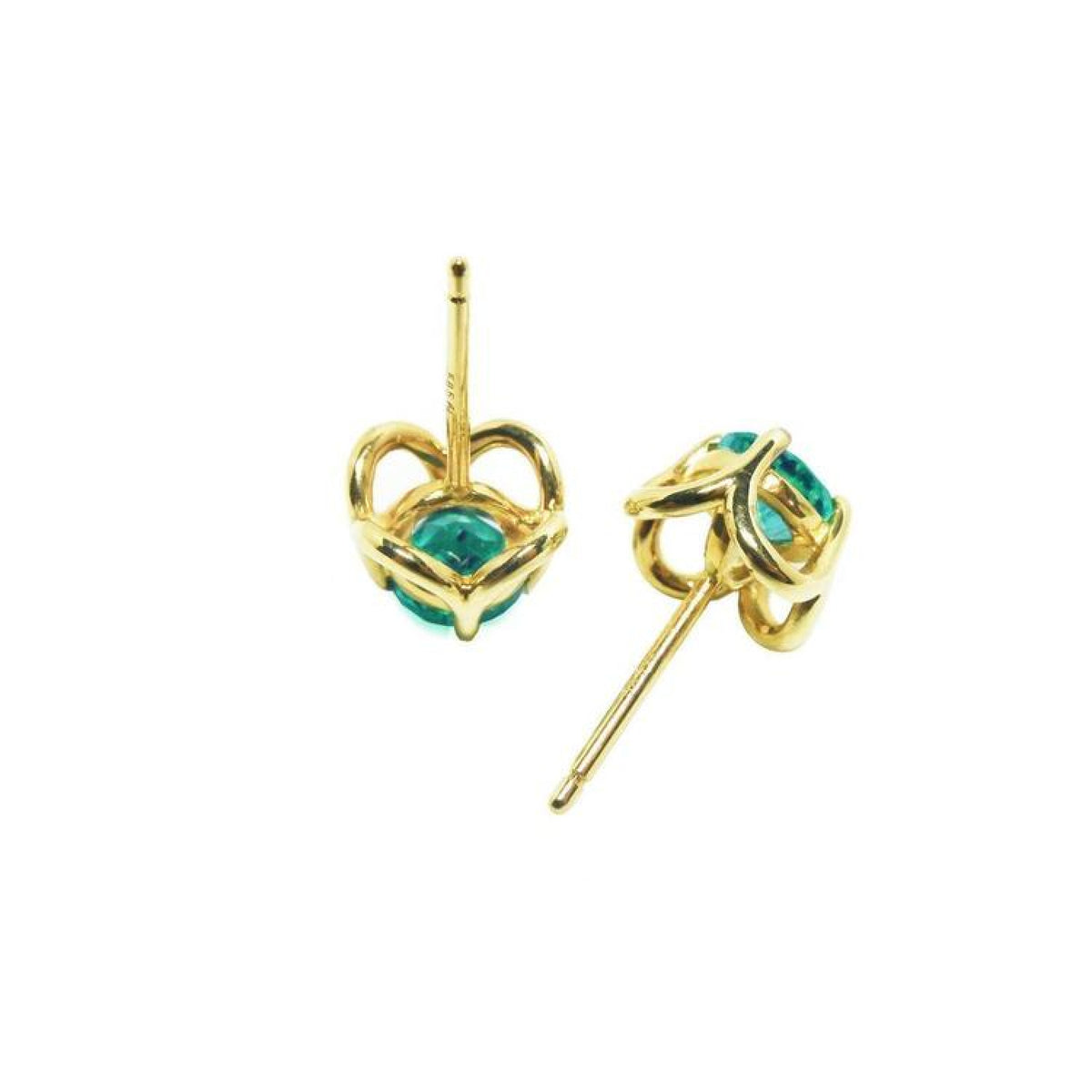 Colombian emerald tulip stud earrings in 14K yellow gold with secure push backs.