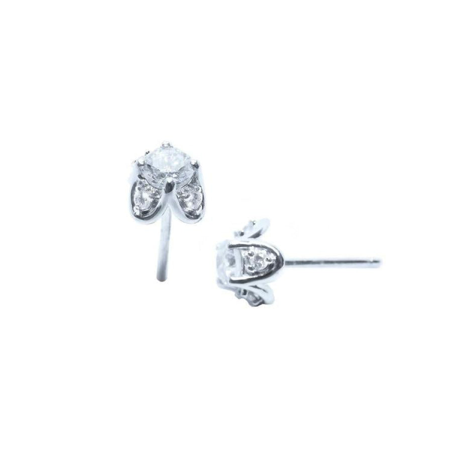 Pair of 14K white gold tulip stud earrings with 0.59 ct. round natural diamonds and accent diamond petals.
