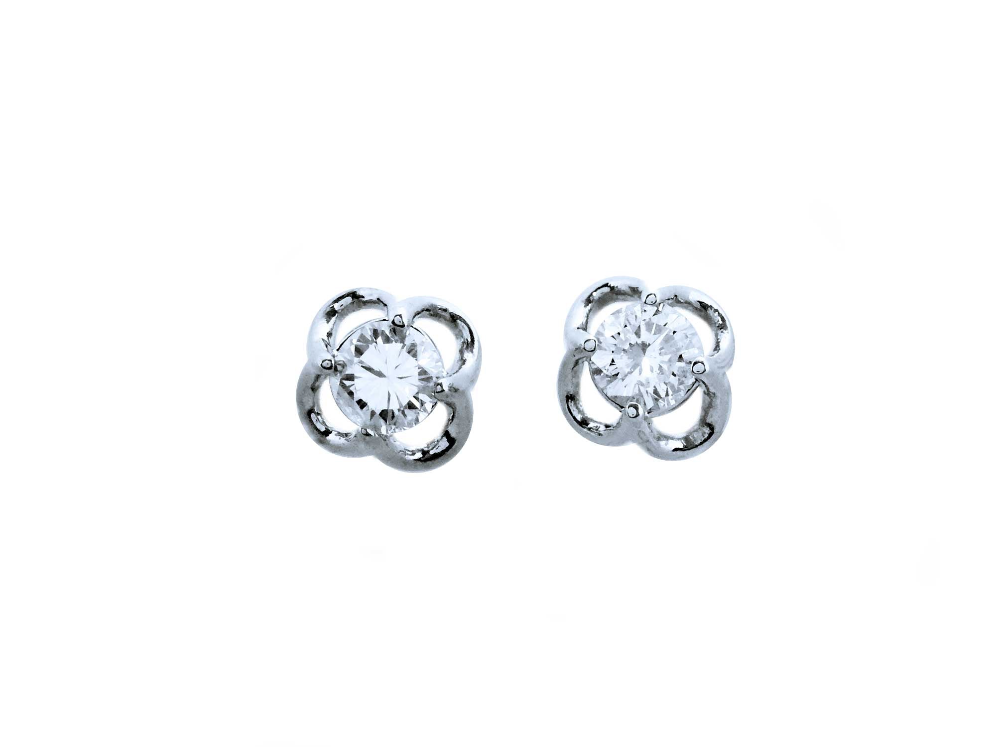 Pair of natural diamond tulip stud earrings in 14k white gold, top side view.