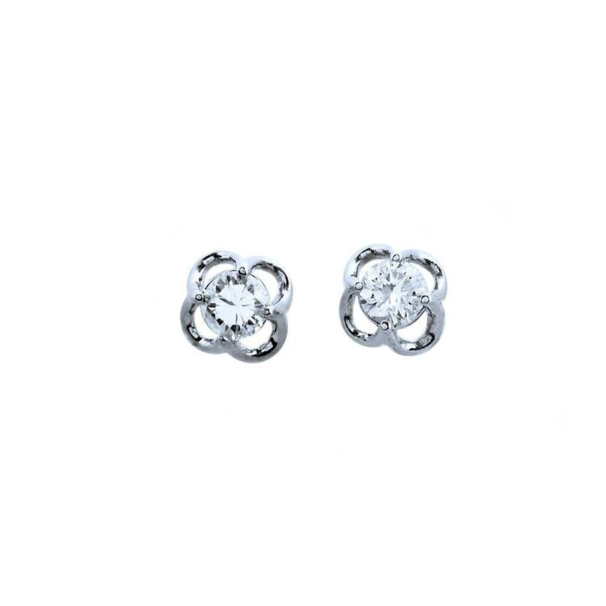 Pair of natural diamond tulip stud earrings in 14k white gold, top side view.