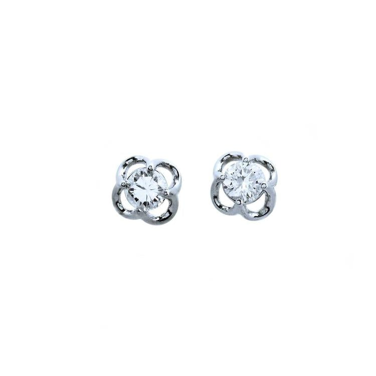 Pair of natural diamond tulip stud earrings in 14k white gold, top side view.