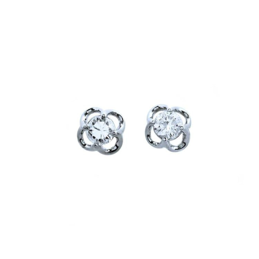 Pair of natural diamond tulip stud earrings in 14k white gold, top side view.
