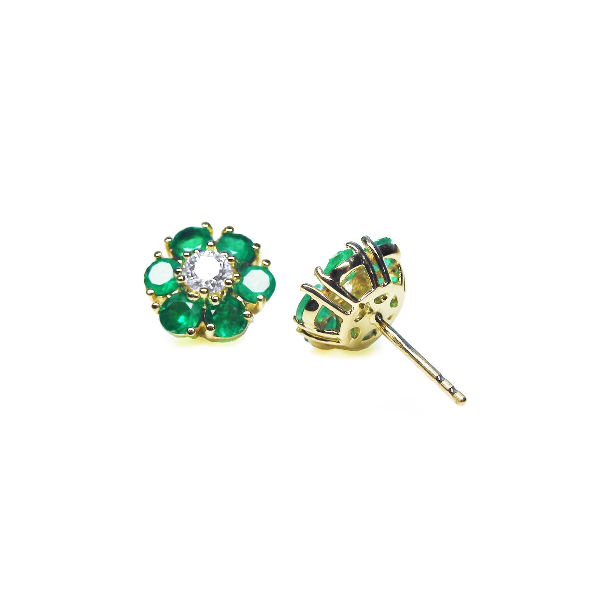 Pair of cluster emerald and diamond stud earrings crafted in 18k yellow gold.