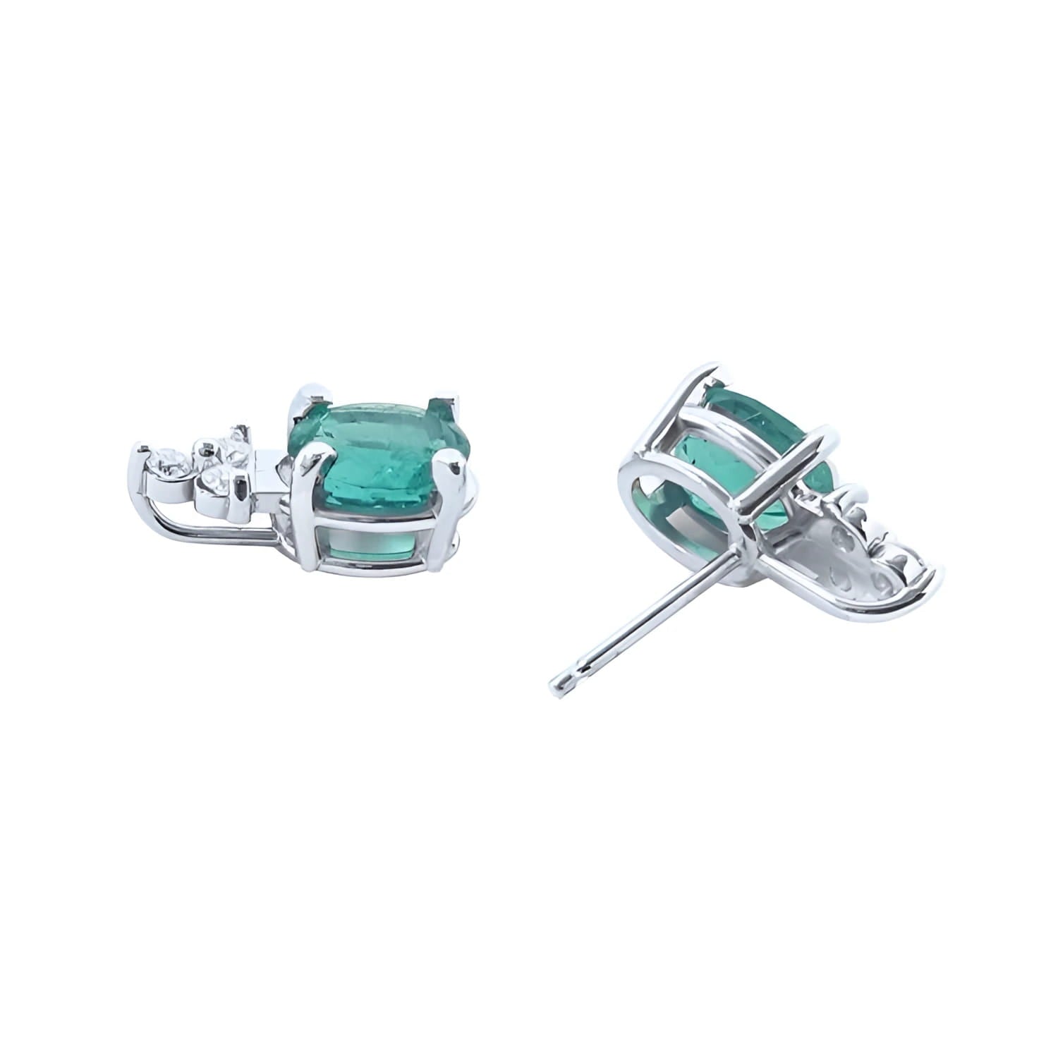 Oval cut natural emerald earrings with diamond accents in 14K white gold.