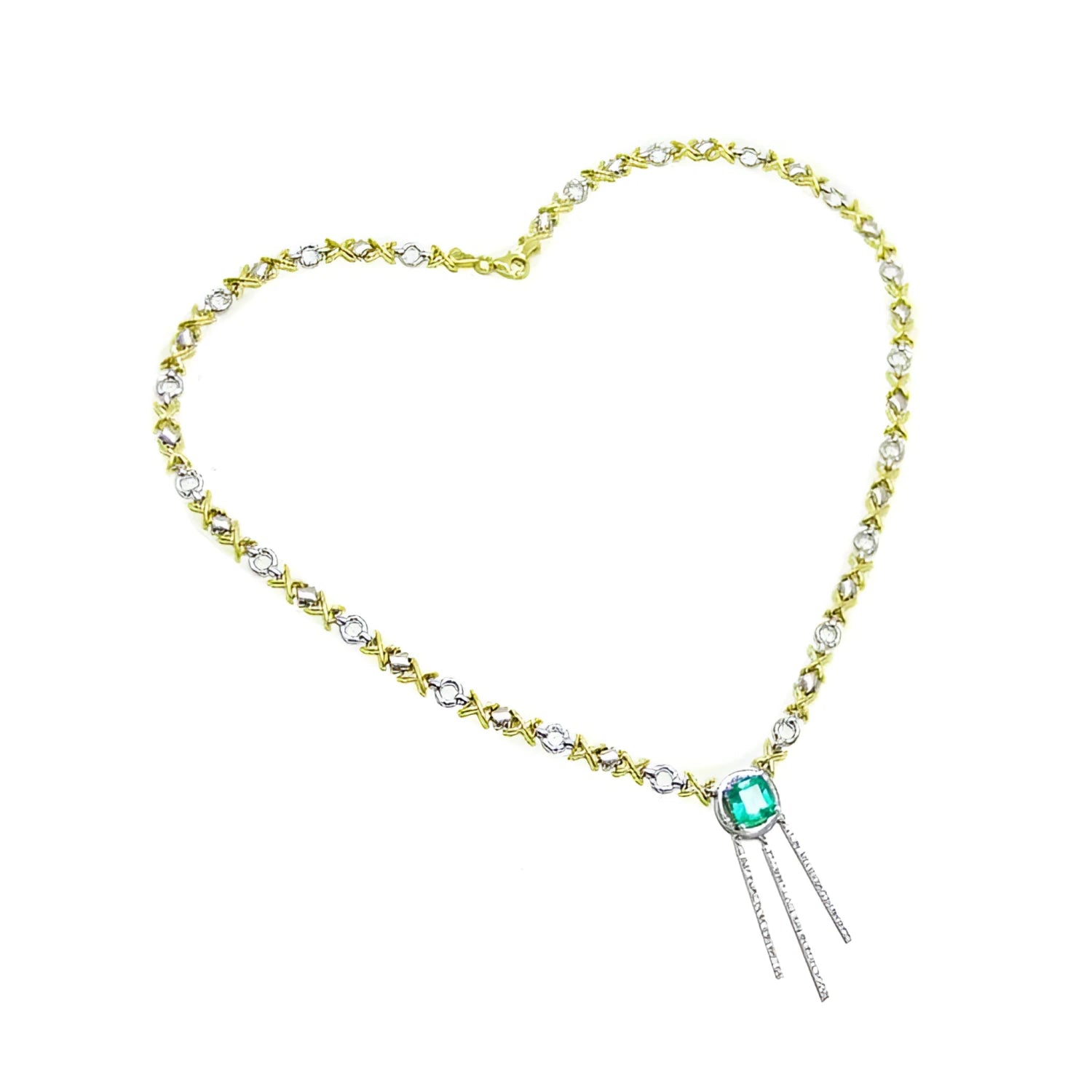 14K gold X &amp; O link necklace with a square emerald pendant and two white gold bar drops.