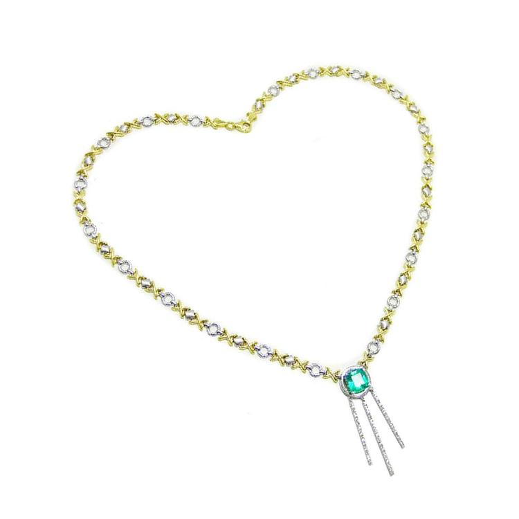 14K gold X &amp; O link necklace with a square emerald pendant and two white gold bar drops.