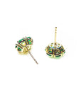 Gold cluster emerald earrings with center diamond in 18k gold, in underside view.