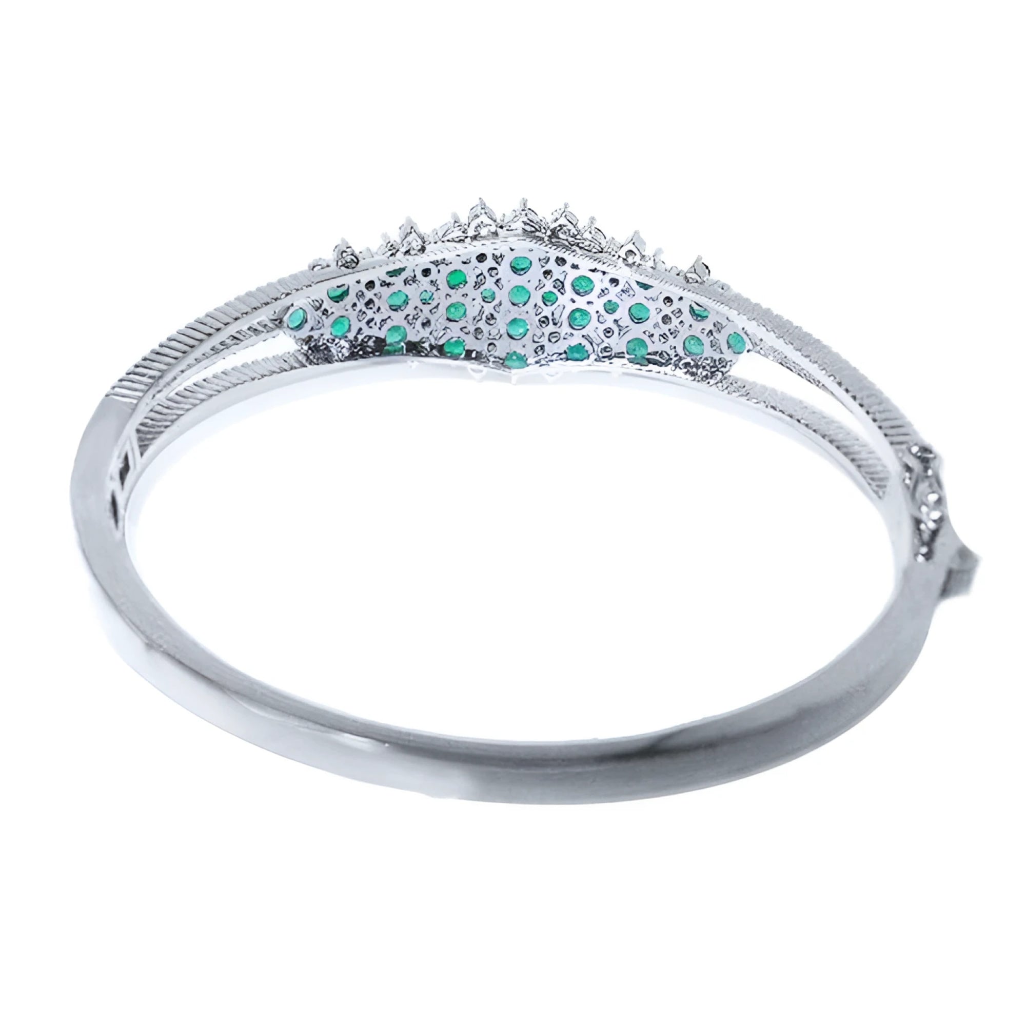 14k white gold bangle bracelet with round Colombian emeralds and diamonds.