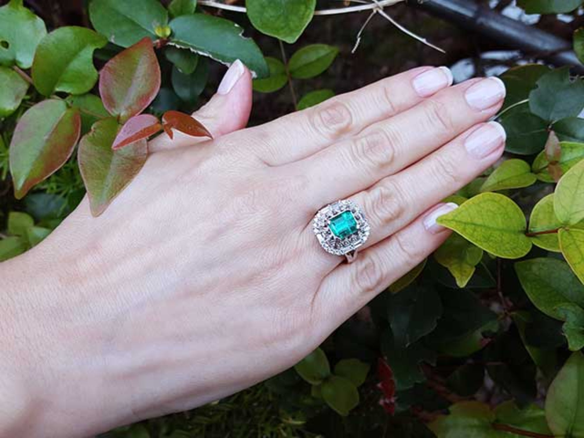 Hand wearing a vintage emerald and diamond ring against a green leafy background.