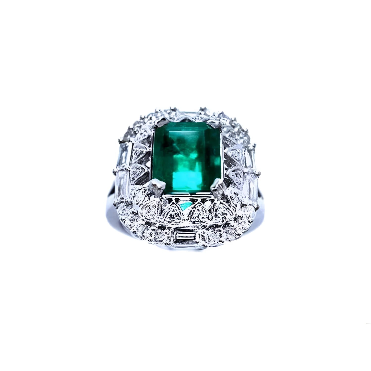 Vintage 2.40 ct Colombian emerald ring in 14K white gold with diamond accents.
