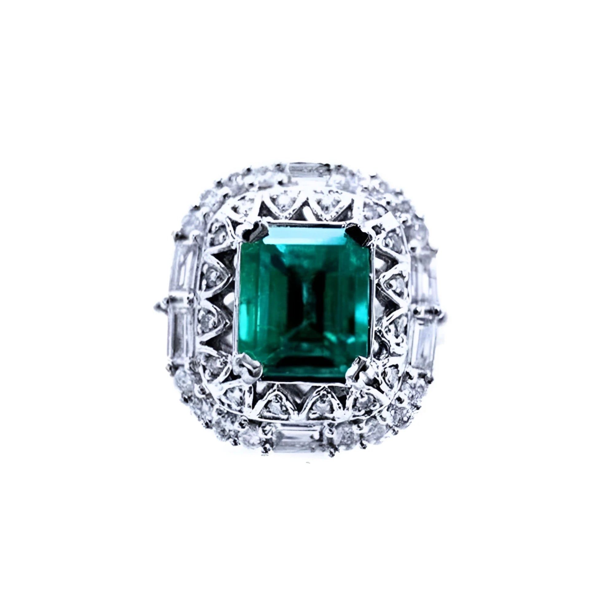 This vintage-style Colombian emerald ring features a square emerald cut, encircled by sparkling diamonds, and crafted from 14k white gold.
