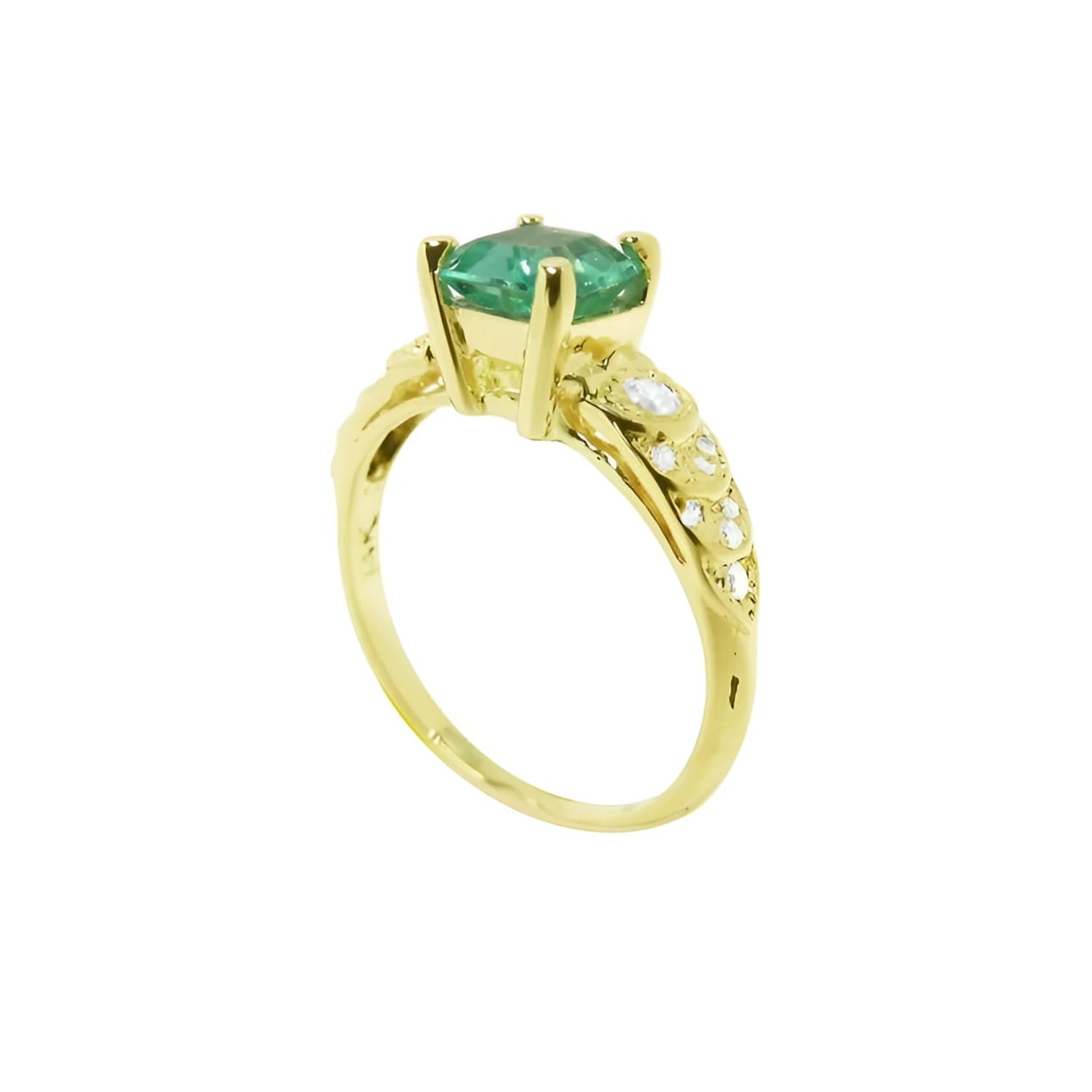 Vintage 14K yellow gold ring with a medium bluish-green emerald and accent diamonds.