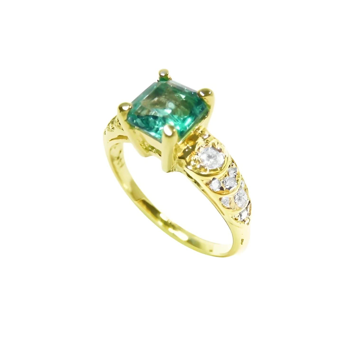 Vintage 14K yellow gold ring with a square-cut Colombian emerald and sparkling accent diamonds.