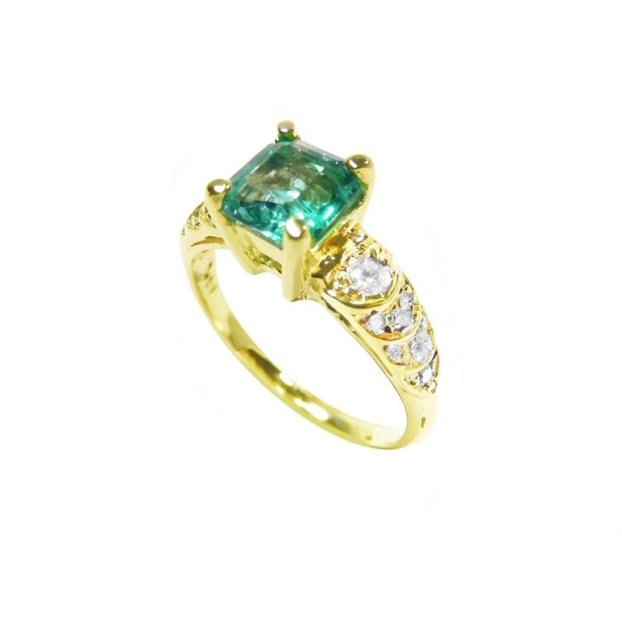 Vintage 14K yellow gold ring with a square-cut Colombian emerald and sparkling accent diamonds.