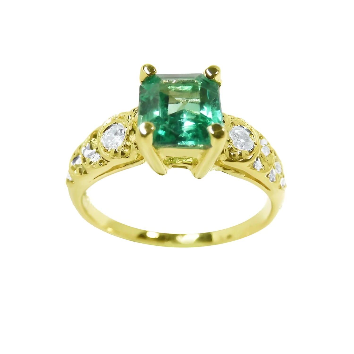 A vintage natural colombian emerald ring for women with accent diamonds crafted in 14k yellow gold, May birthstone.