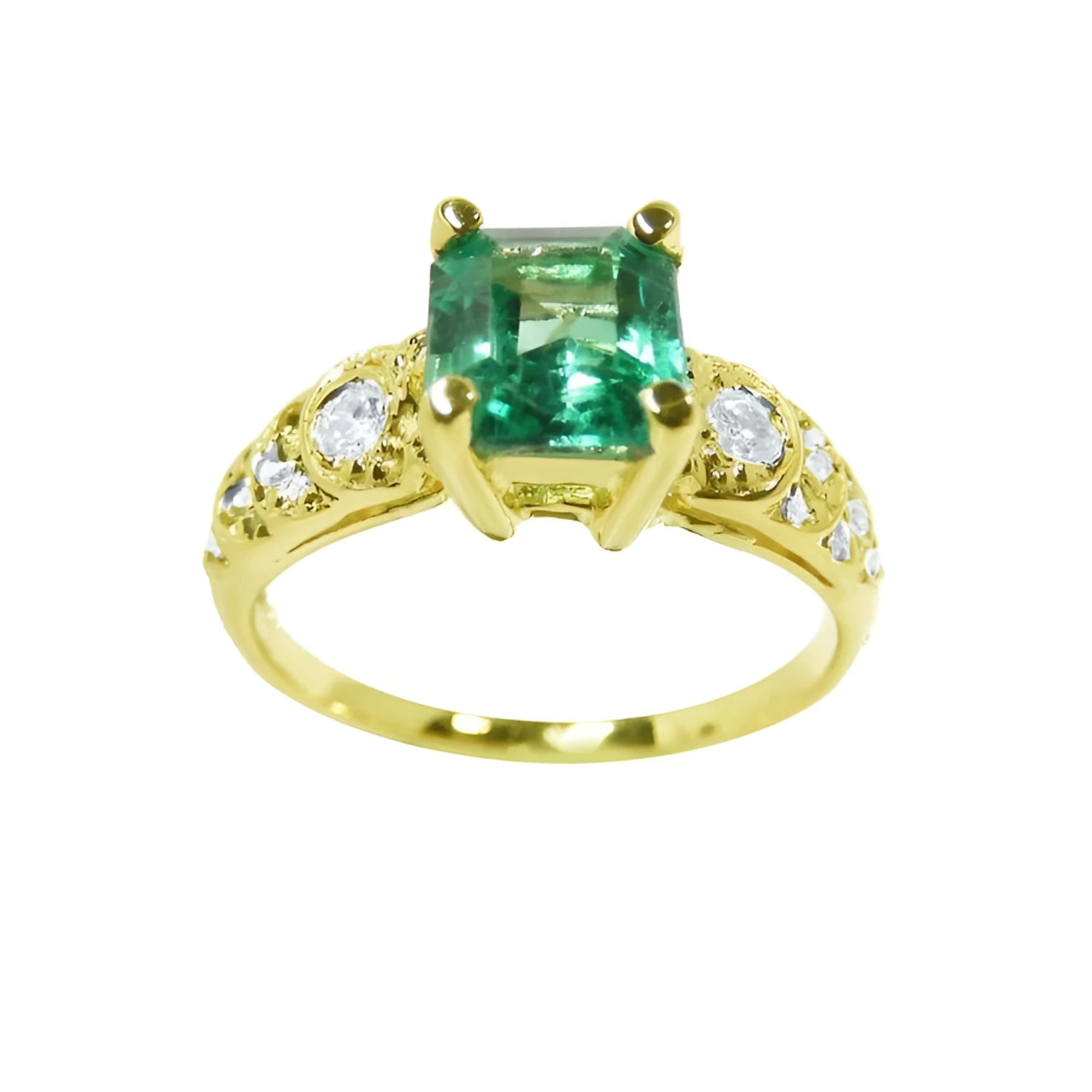 A vintage natural colombian emerald ring for women with accent diamonds crafted in 14k yellow gold, May birthstone.