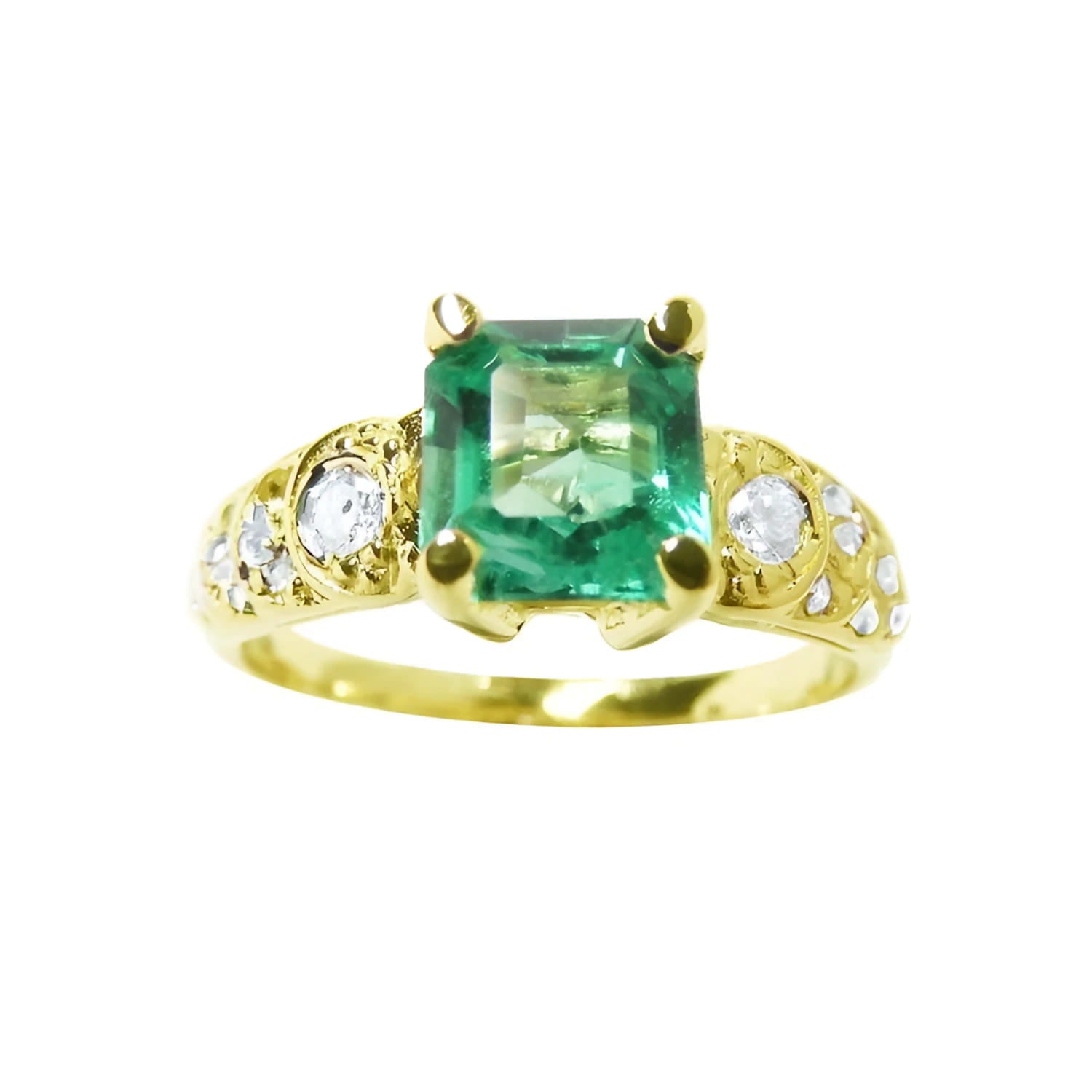 Vintage 14K yellow gold ring with a square emerald and round accent diamonds.