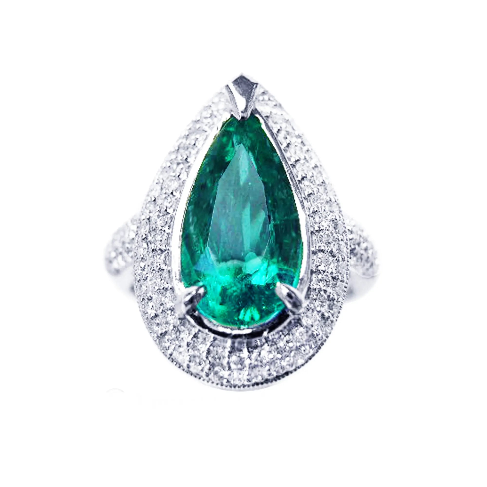 Esmeralda corte pera rodeada de diamantes naturales en anillo de oro blanco para mujer.