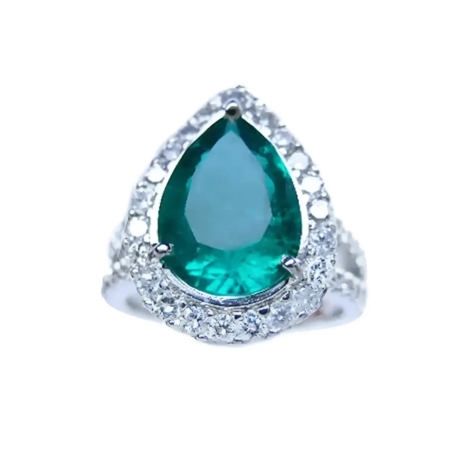 Anillo de compromiso con esmeralda corte pera certificada por GIA rodeada de diamantes naturales en oro blanco.