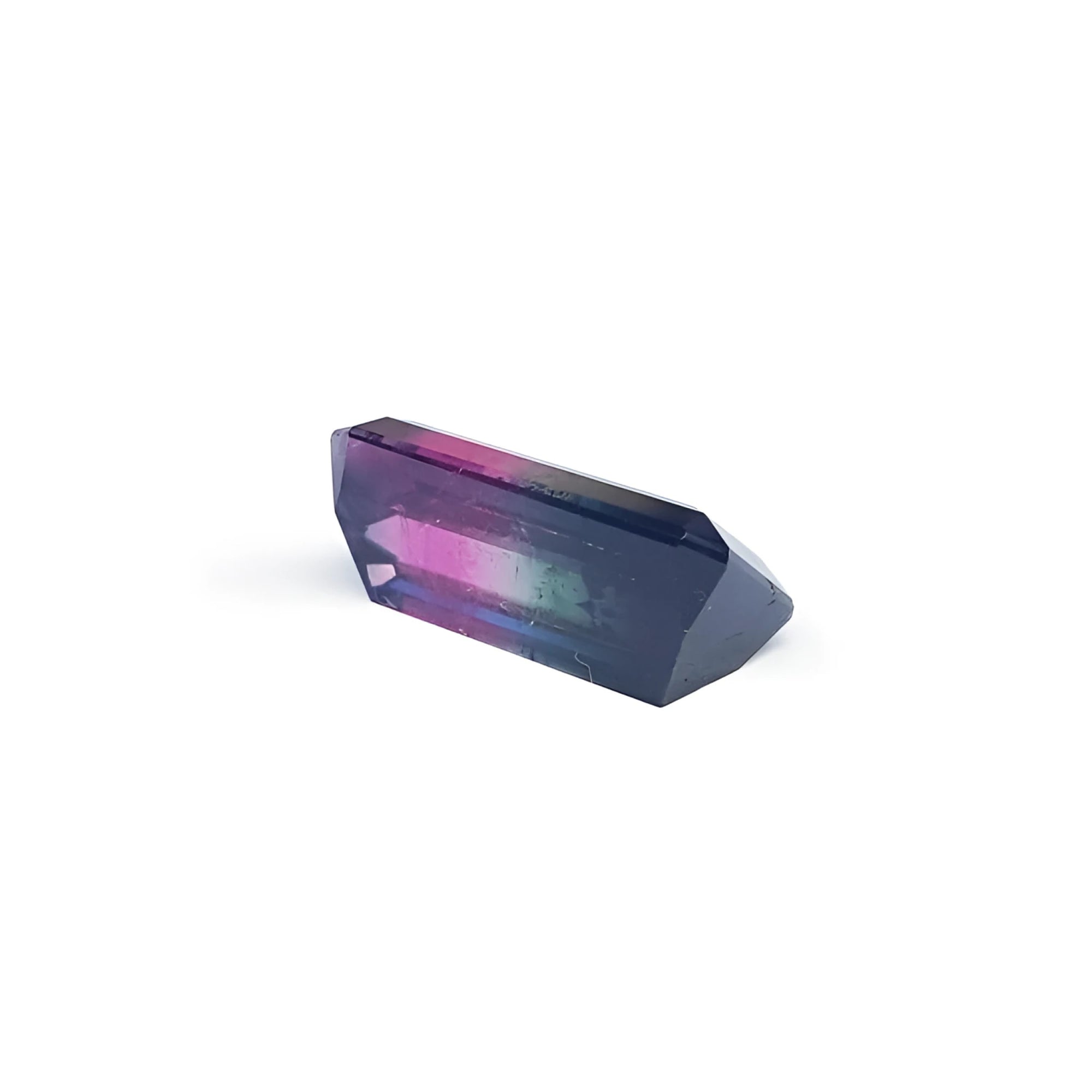 Vibrant red-orange and deep bluish-green bicolor watermelon tourmaline, 4.68 ct, rectangular emerald cut.
