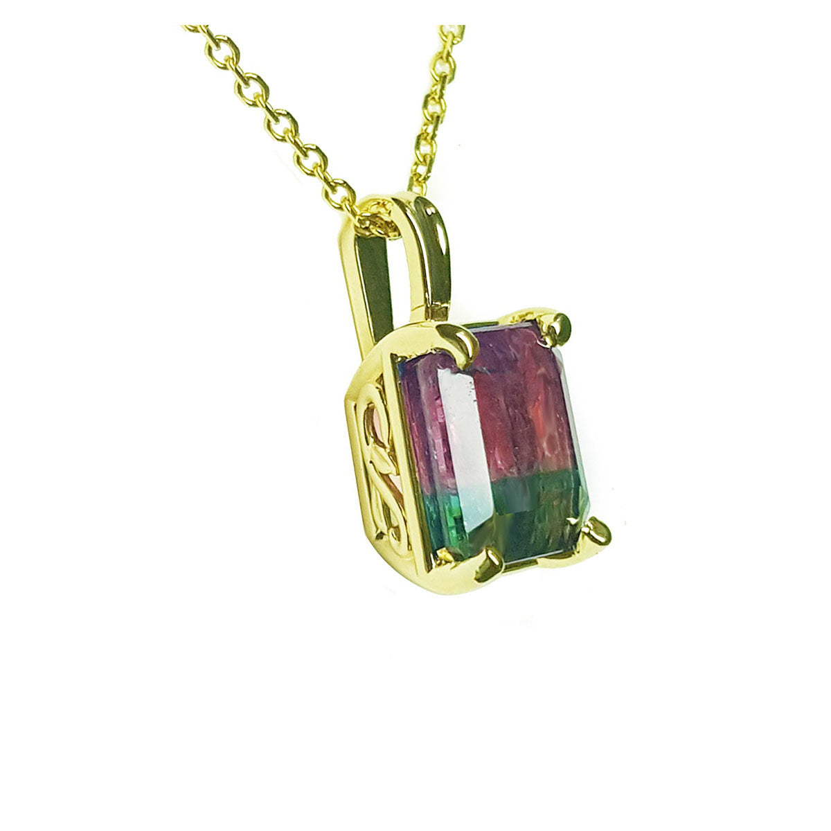 Gold necklace with a multicolored tourmaline gemstone pendant on a white background.