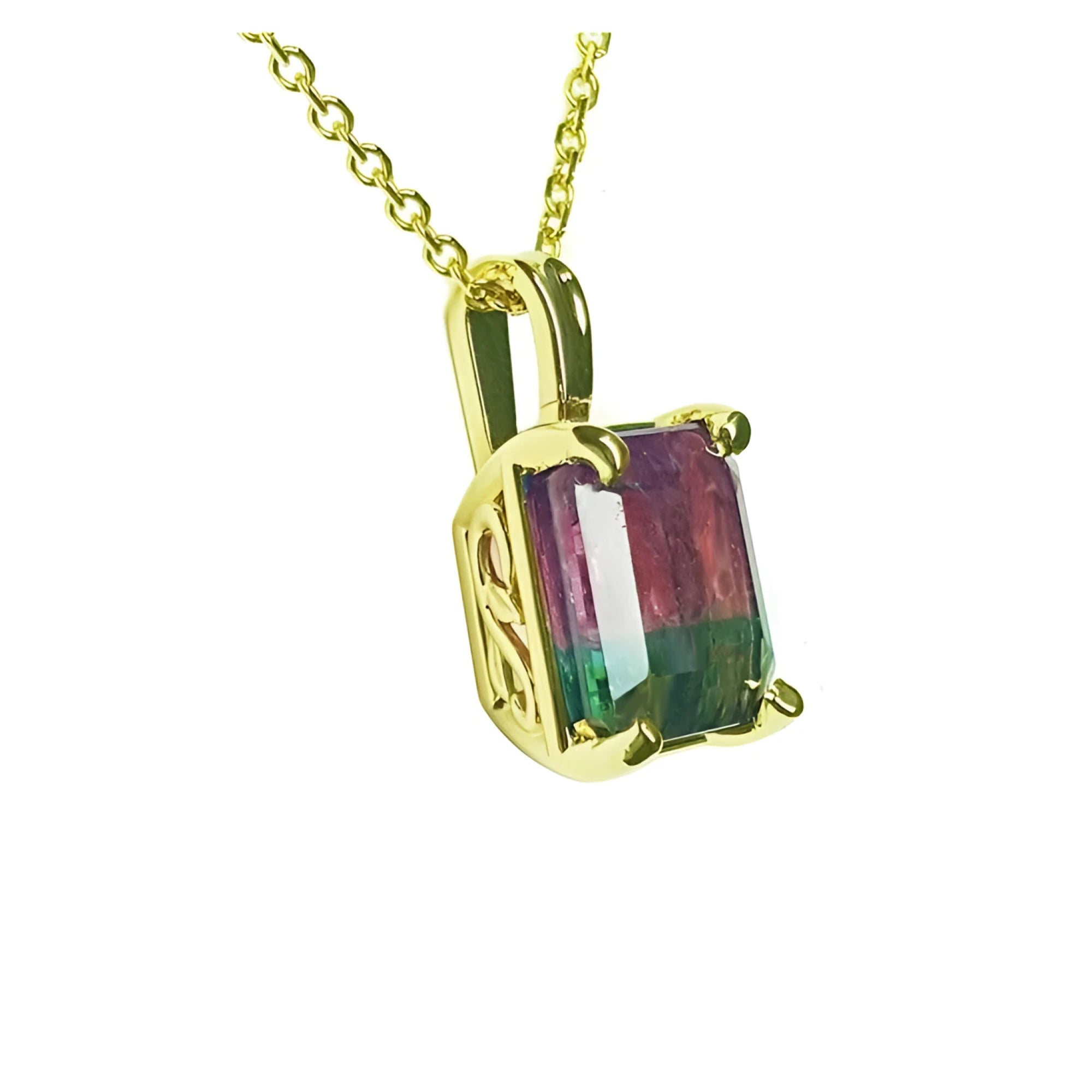14K yellow gold pendant with a 4.01 ct bicolor red-orange and bluish-green tourmaline solitaire.