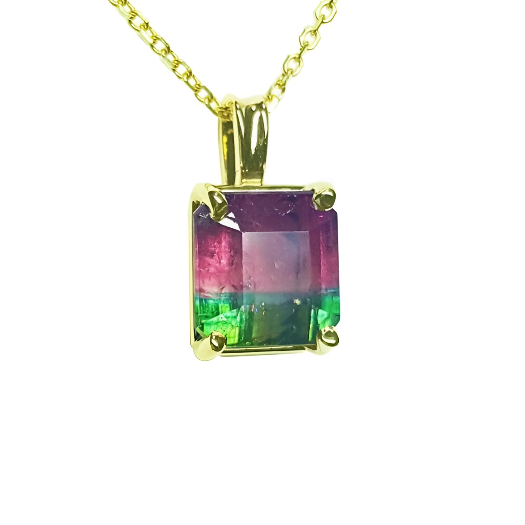 14K yellow gold pendant with a 4.01 ct bicolor red-orange and green tourmaline solitaire.