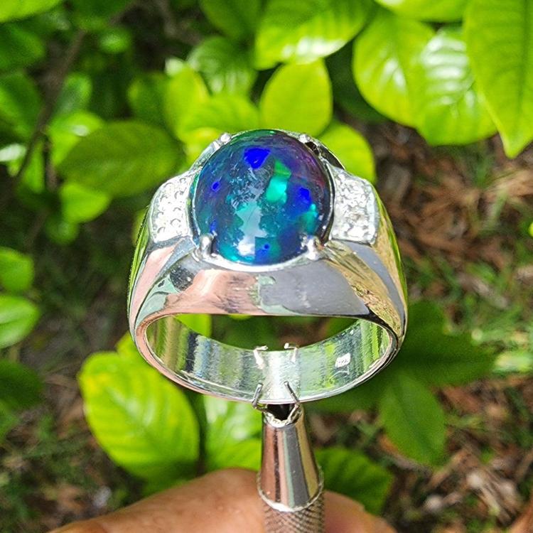 Silver ring for men with a blue-black opal held against a green leafy background