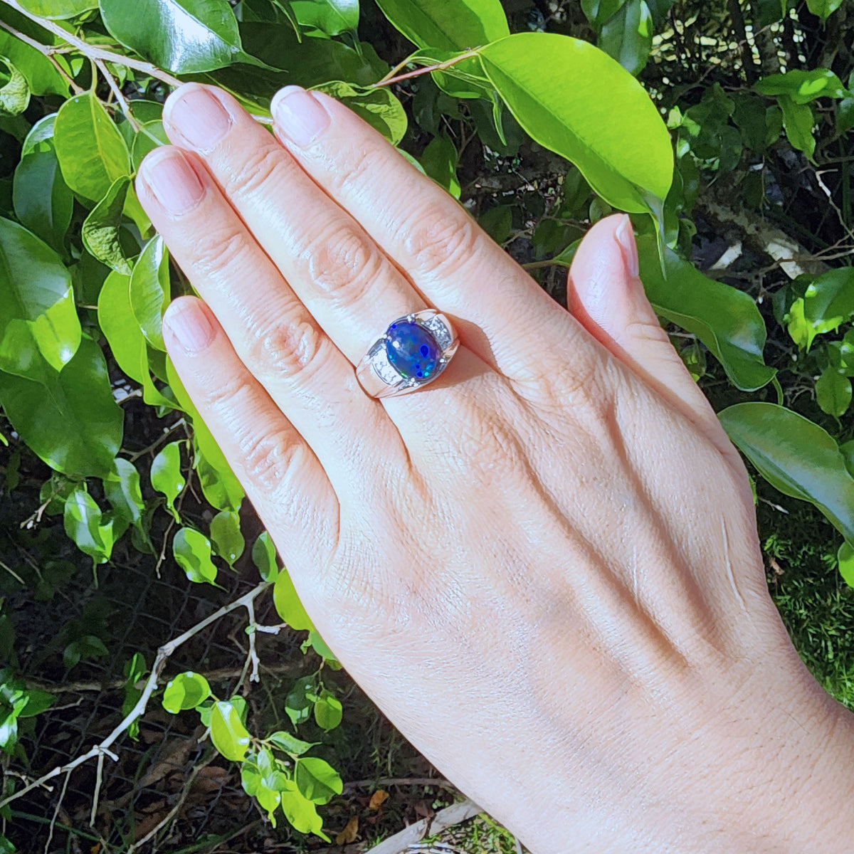 Hand wearing a silver ring with a blue opal against a green leafy background