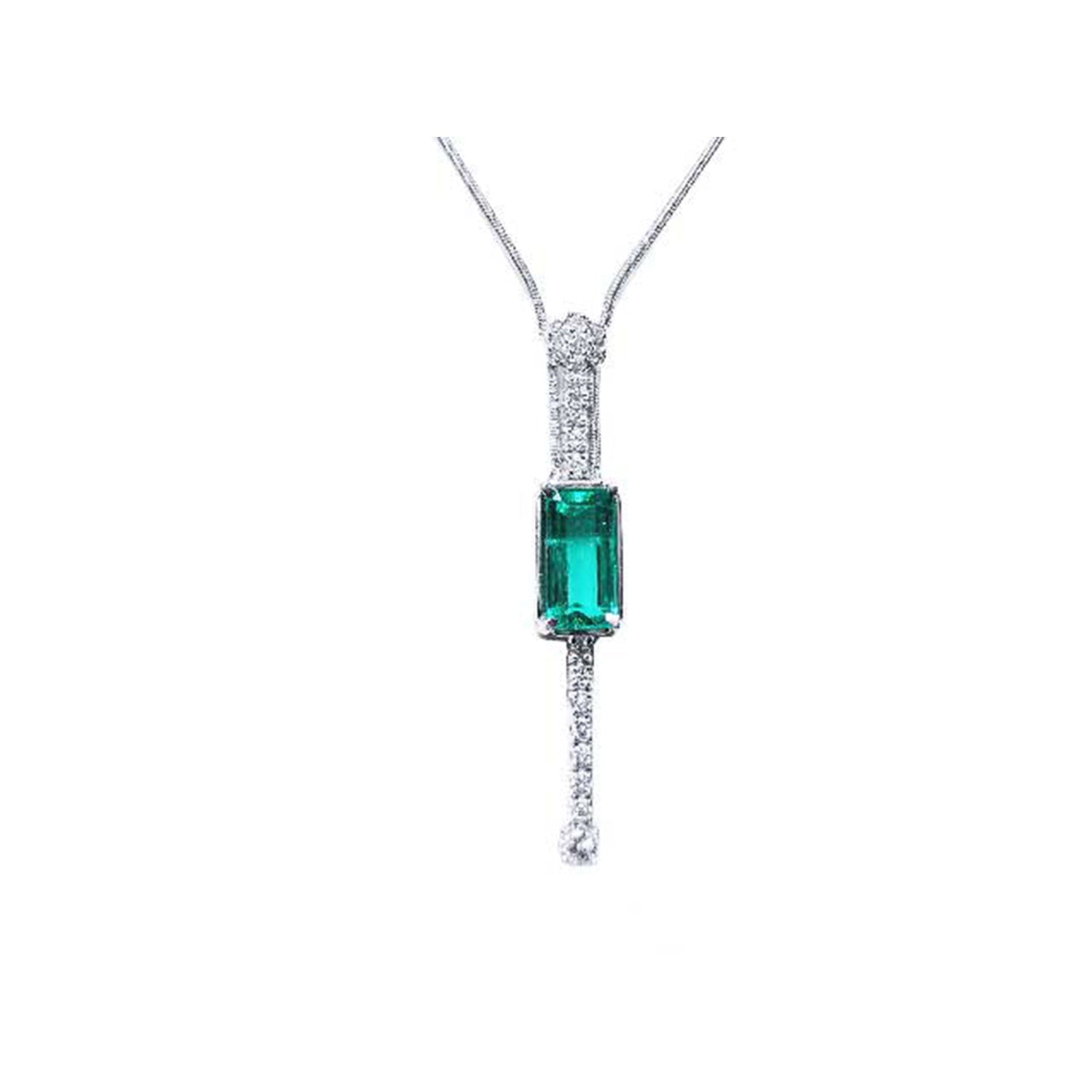 Women's 14K white gold necklace with a rectangular Colombian emerald and diamond accents.