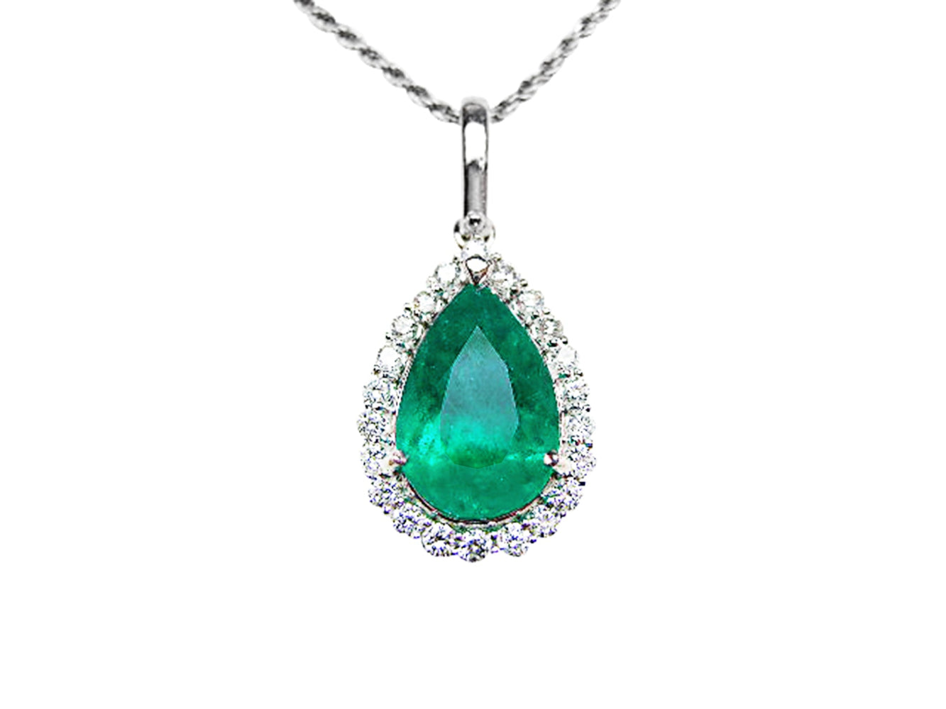 Emerald green teardrop pendant with diamond accents on a front position showing toside view