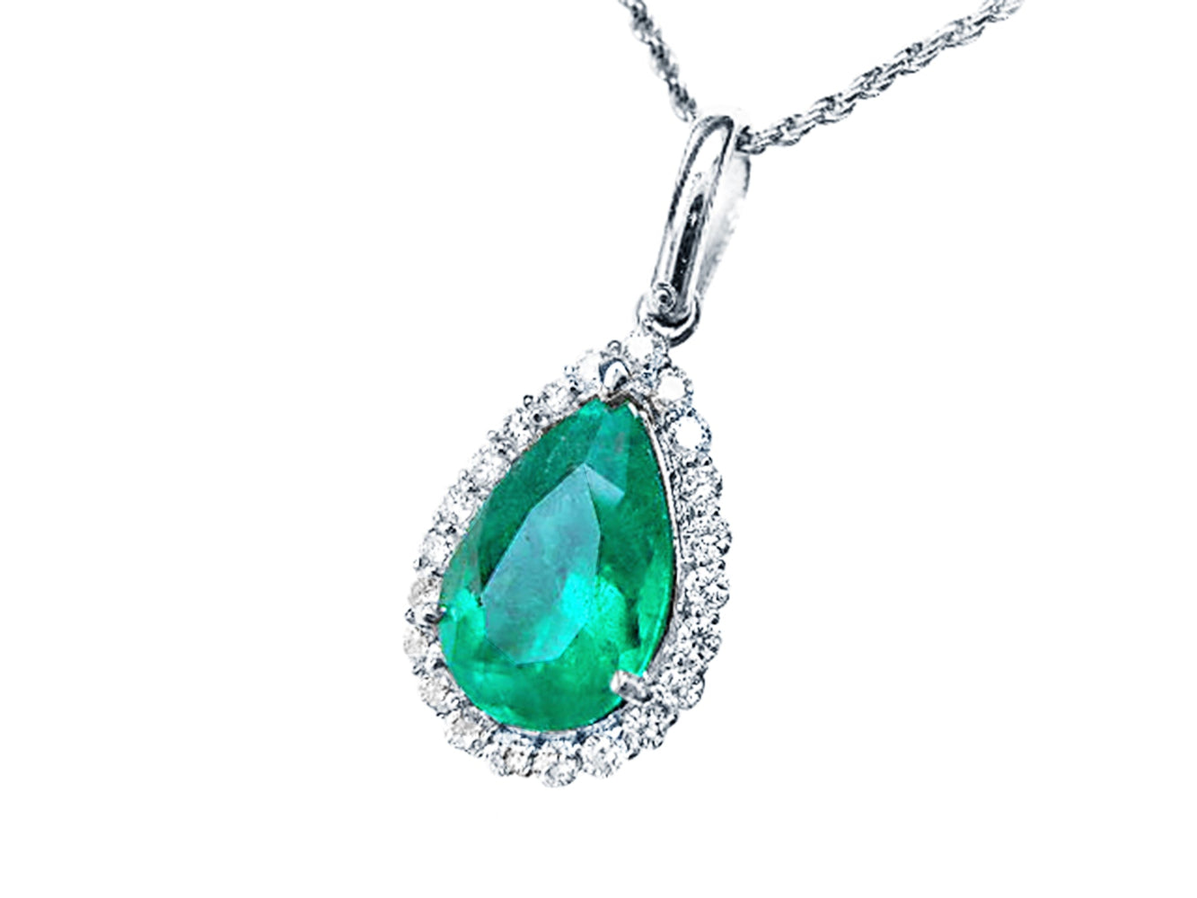Emerald green teardrop pendant with diamond accents on a left side position topside visible.