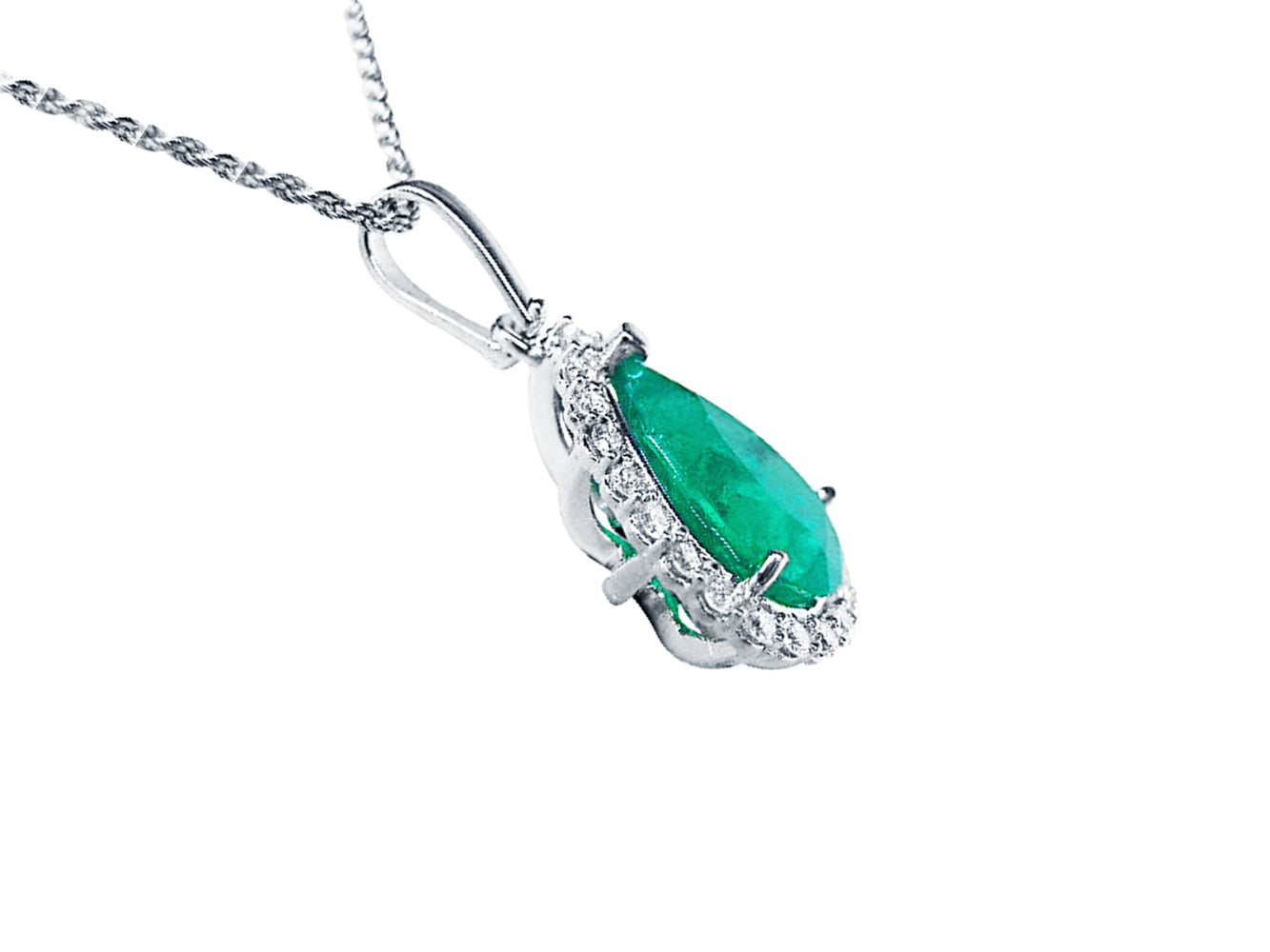 White gold necklace with a teardrop emerald pendant on a right-side gallery profile view