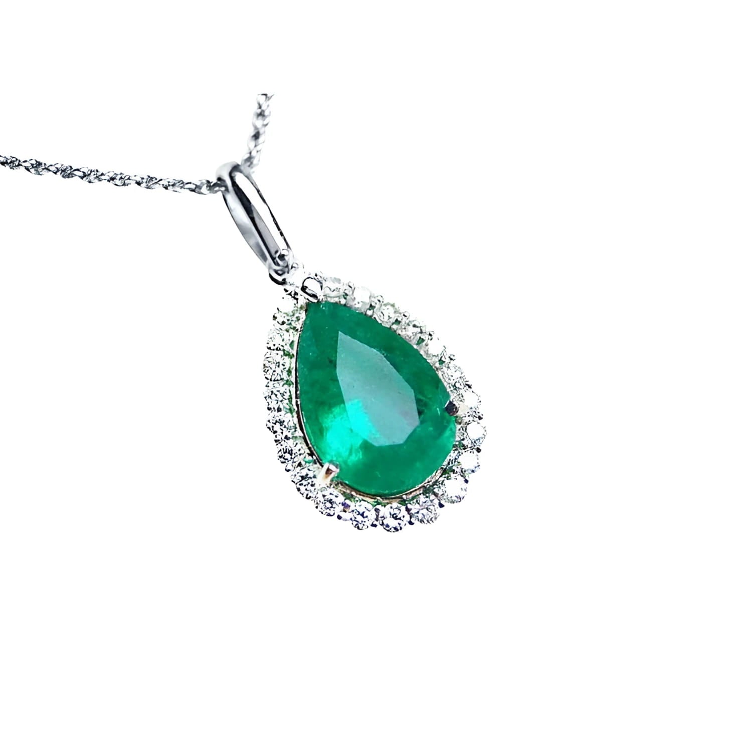 Emerald green teardrop pendant with diamond accents on a right-side position displaying topside view