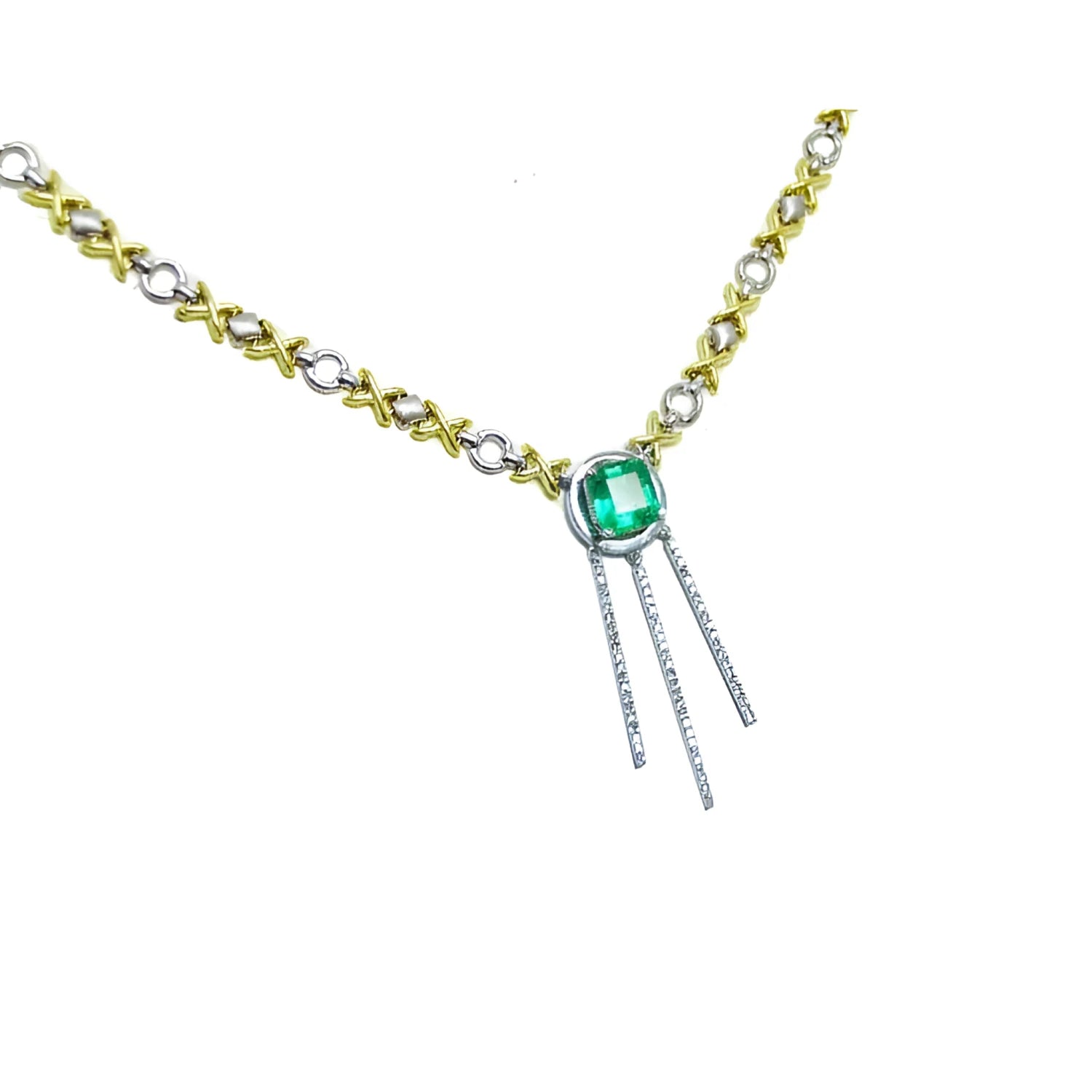 14K white and yellow gold "X &amp; O" emerald necklace with a square emerald and three diamond-studded bars.