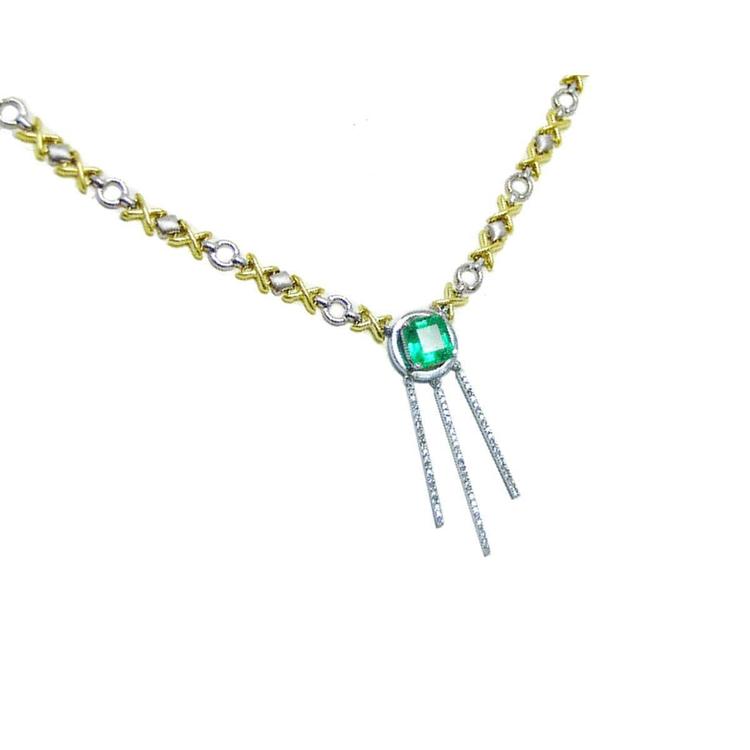 14K white and yellow gold "X &amp; O" emerald necklace with a square emerald and three diamond-studded bars.