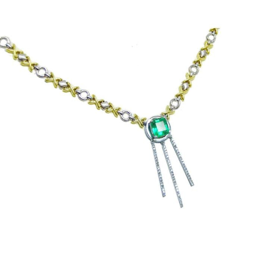 14K white and yellow gold "X &amp; O" emerald necklace with a square emerald and three diamond-studded bars.