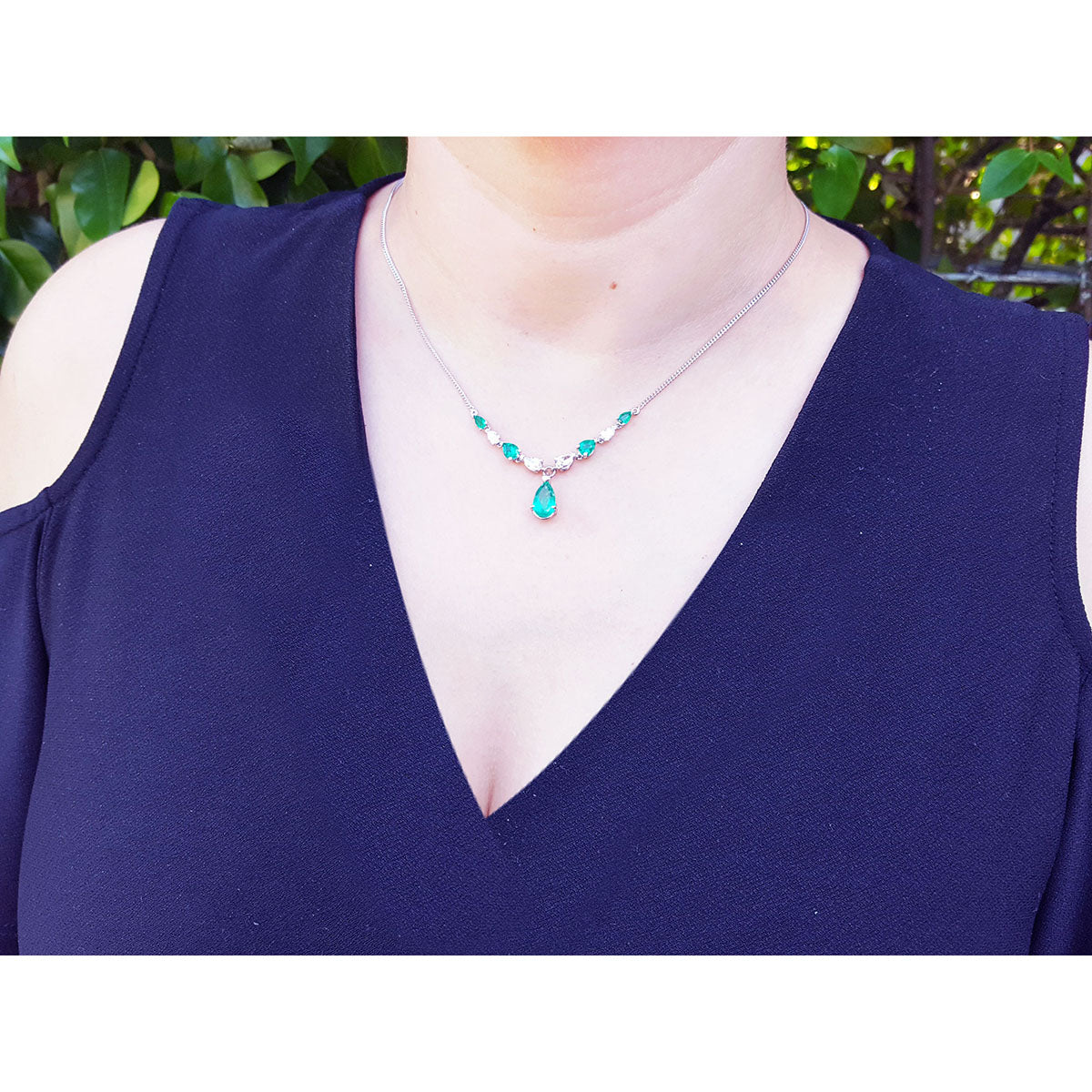 Women&#39;s Emerald necklaces natural diamonds pear shaped in 14k white gold individual settings wheat style chain