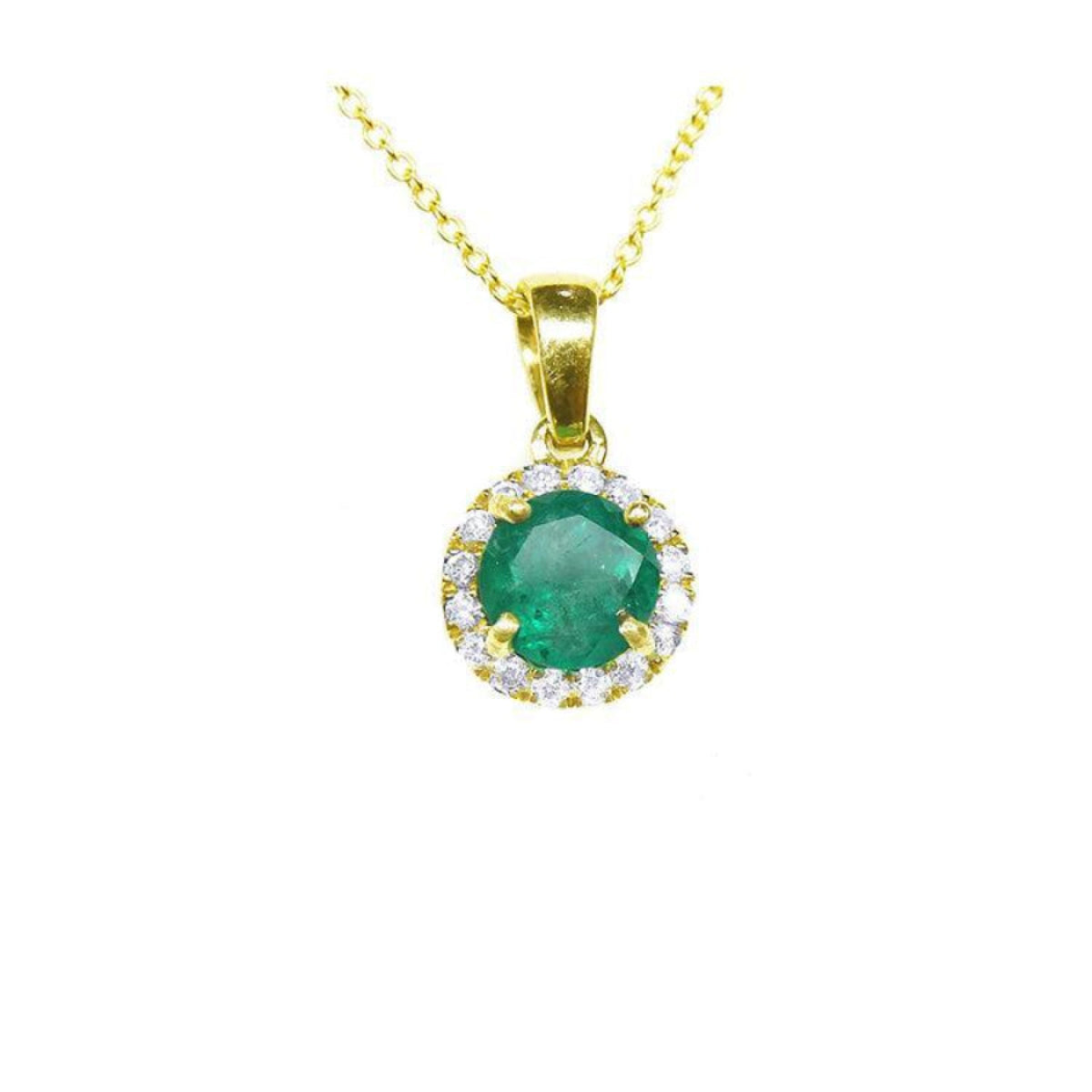 Round deep green Colombian emerald necklace with halo diamonds in 14k yellow gold.