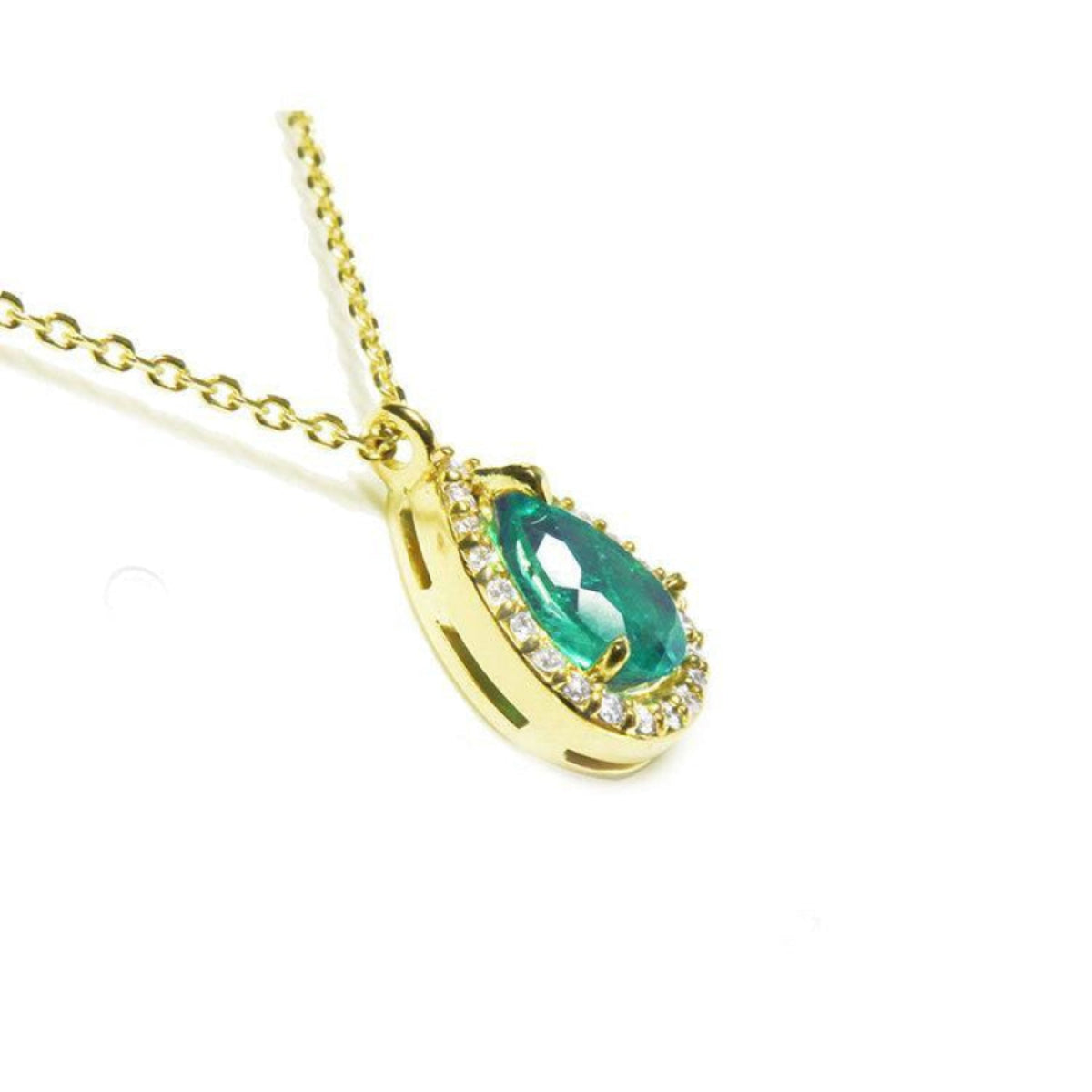 Pear-shaped natural emerald necklace with diamond halo in 14K yellow gold.